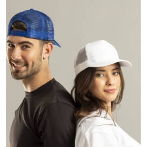A blue cap and a white cap are worn by a man and a woman, standing back to back against a light background.