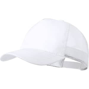 A white cap featuring a mesh design and an adjustable strap at the back. It has a logo on the front.