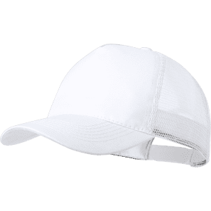 A white cap with a curved brim and mesh back, featuring a logo.