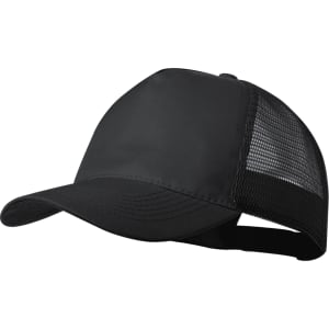 A black cap with a mesh back and a curved brim. The cap features a logo.