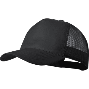 A black cap with a mesh back and adjustable strap. It features a logo on the front.