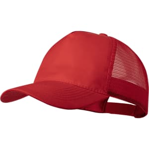 A red cap with a solid front and mesh back, featuring an adjustable strap.