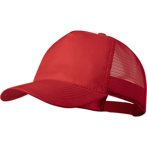 A red cap featuring a mesh back and a curved brim, with a logo on the front.
