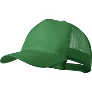 A green cap with a solid front and mesh panels at the back, featuring an adjustable strap and a logo.