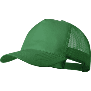 A green cap with a mesh back and a curved brim, featuring a logo on the front.