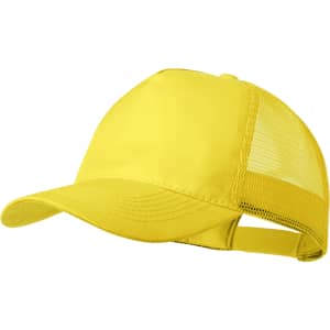 A yellow cap with a mesh back and a logo on the front.
