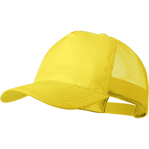 A yellow cap featuring a mesh back and an adjustable strap, designed for promotional use.