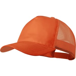 An orange cap with a mesh back and adjustable strap, featuring a logo on the front.