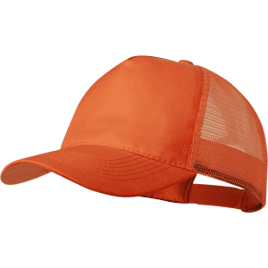 An orange cap with a mesh back and a curved brim. Includes a logo on the front.