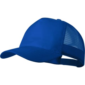 A blue cap with a solid front and mesh back, featuring an adjustable strap. It has a logo on the front.