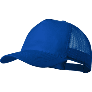 A blue cap with a mesh back and an adjustable strap. It features a branding logo.