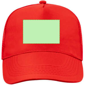 A red cap with a green rectangular area for customisation and a decorative logo.