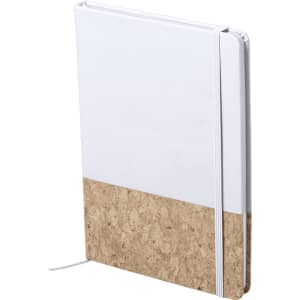 A white notepad with a cork bottom and an elastic band, featuring a logo on the cover.