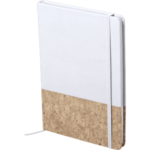 A notepad featuring a white cover and a cork base, secured with an elastic band. It has a logo on the front.