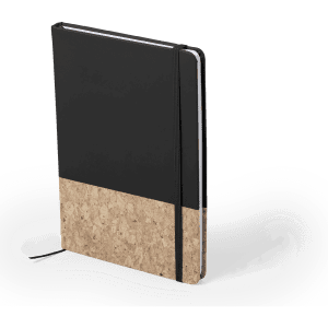 A black notepad with a cork bottom and an elastic band to secure it. It features a logo on the cover.