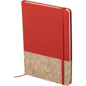 A red notepad with a cork bottom, featuring a flexible cover and an elastic band closure.