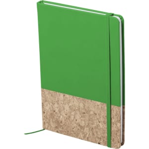 A green notepad with a cork bottom and an elastic closure, featuring a logo on the front.
