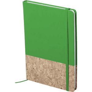 A green notepad with a cork bottom and an elastic band. It has a smooth cover and white pages inside.