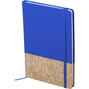 A blue notepad with a cork base and an elastic band, featuring a logo on the cover.