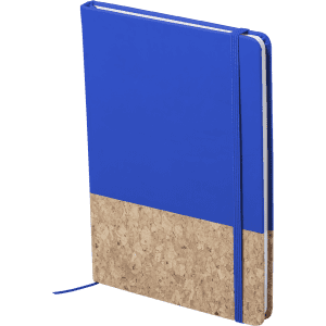 A blue notepad with a cork bottom and an elastic band closure. It features a logo on the cover.