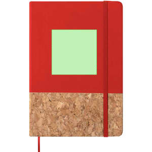 A red notepad with a cork bottom and a square green section on the front. It includes an elastic band closure.