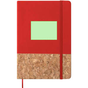 A red notepad with a cork bottom and a green accent, featuring an elastic band for closure and a logo.