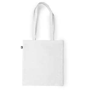 A plain white reusable grocery bag with a shoulder strap and a branding label.