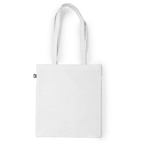 A white reusable grocery bag with two handles and a simple design. It features a logo on one side.