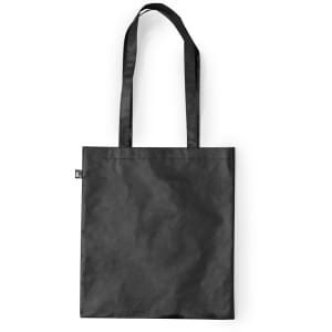 A reusable grocery bag in black with two handles and a small logo.