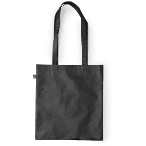 A black reusable grocery bag with two long handles. It features a logo on the side.
