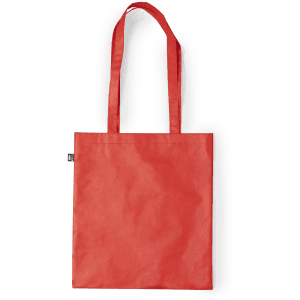 A red reusable grocery bag with two sturdy handles and a simple design. It features branding on one side.