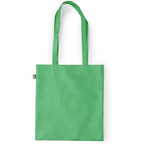 A green reusable grocery bag with two shoulder straps and a simple design. It features a small logo.