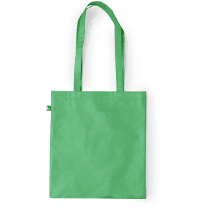 A green reusable grocery bag with two handles and a small logo on one side.
