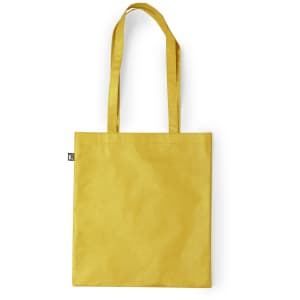 A yellow reusable grocery bag with two sturdy handles and an attached logo.