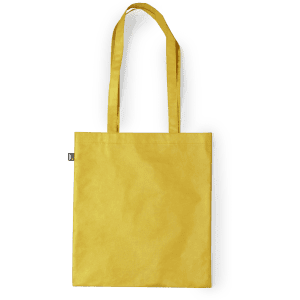 A yellow reusable grocery bag with two handles and a small logo on the side.