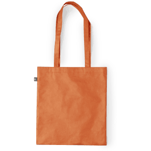 An orange reusable grocery bag with two handles and a small logo on the side.