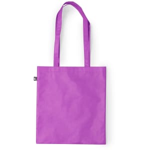 A reusable grocery bag in a vibrant purple colour with two shoulder straps and a branding tag.