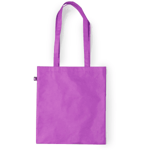 A purple reusable grocery bag with two handles and a small logo on the side.