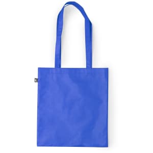 A reusable grocery bag in vibrant blue, featuring two sturdy handles and a simple design.