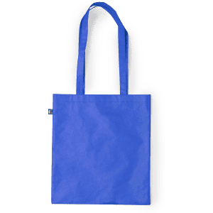 A reusable grocery bag in bright blue with long handles and a simple design. It features a logo.