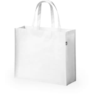 A white reusable grocery bag with two sturdy handles and a simple design, featuring a small logo.