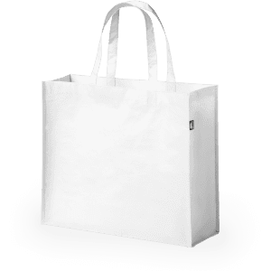 A white reusable grocery bag with two handles and a small logo on the side.