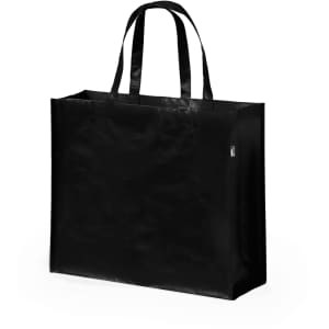 A reusable black grocery bag with two handles and a minimalist design. It features a logo.