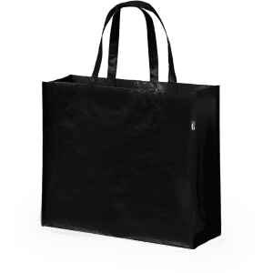 A black reusable grocery bag with sturdy handles and a simple design, featuring a logo on the side.
