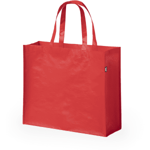 A bright red reusable grocery bag with sturdy handles and a simple design. It features a logo on one side.