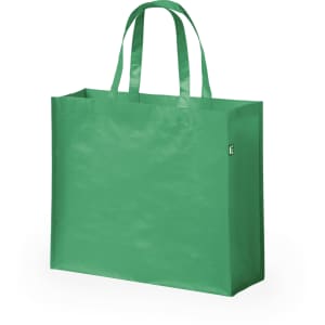 A green reusable grocery bag with two handles and a simple design. It features a branding logo.