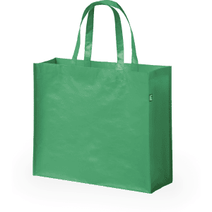 A large green reusable grocery bag with two handles and a logo on the side.