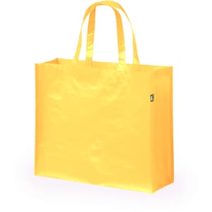A large yellow reusable grocery bag with two handles and a simple design, featuring a small logo.