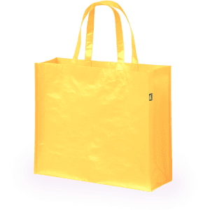 A large, reusable grocery bag in bright yellow with two sturdy handles and a branding logo.
