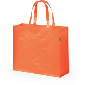 An orange reusable grocery bag with two handles and a branding logo.